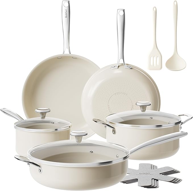 Redchef Ceramic Nonstick Cookware Set,14pcs Pots and Pans Set Non Stick,Induction Cookware with Stainless Steel Handle,Non Toxic Kitchen Cooking Set,Dishwasher & Oven Safe,PFAS PFOA & PTFE Free（Blue）