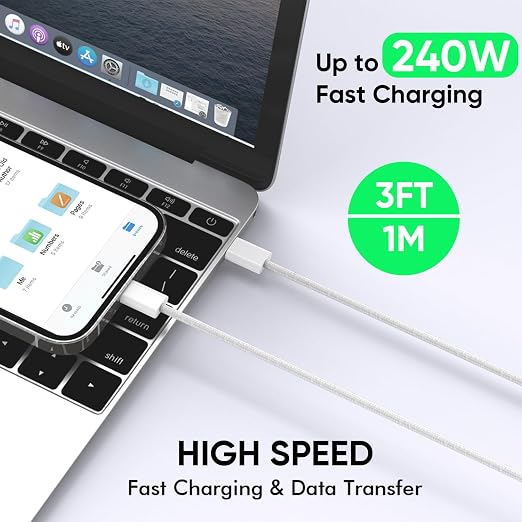 USB C to USB C 240W USB C Cable 2-Pack 10ft C to C Cable Fast Charging for MacBook Pro/MacBook Air iPad Pro/iPad Air iPhone 16 15 Pro Max Plus Samsung GalaxyCompatible 140W/100W/65W/45W/35W/20W
