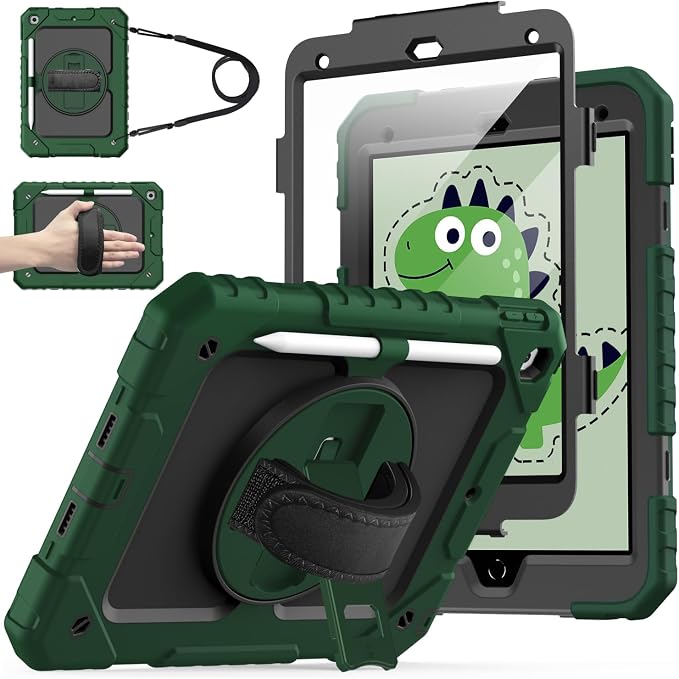 Cantis Case for iPad 9th/8th/7th Generation with Screen Protector iPad 10.2 Case 2021/2020/2019 with 360 Degree Rotating Stand/Shoulder Strap/Pencil Holder Alpine Green