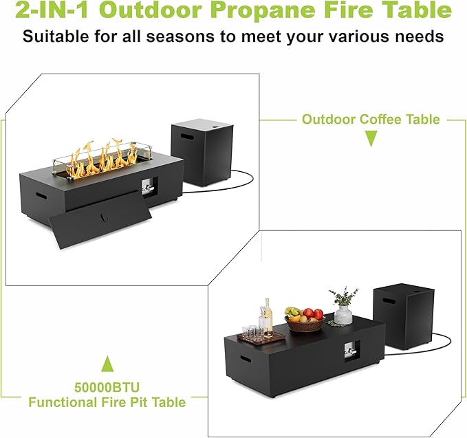 2-Piece 42" LED Rectangular Propane Fire Pit for Outside Patio with Hidden Tank Table, 50,000 BTU Fireplaces with Glass Wind Guard, Lid, Glass Rocks, Cover(Black w/Warm Light)