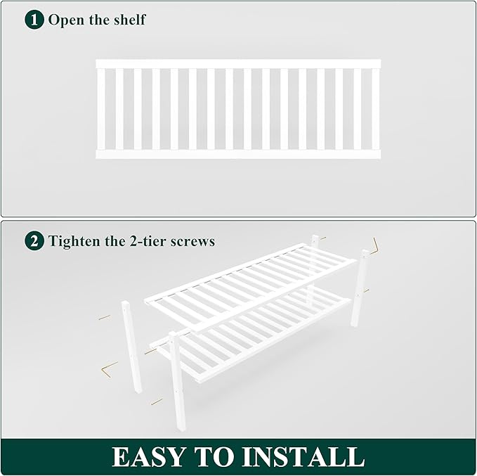 Smiry Shoe Rack, 2 Tier Long Bamboo Shoe Organizer, Stackable Free Standing Wooden Shoe Storage Shelf for Closet, Entryway, Front Door Entrance, White