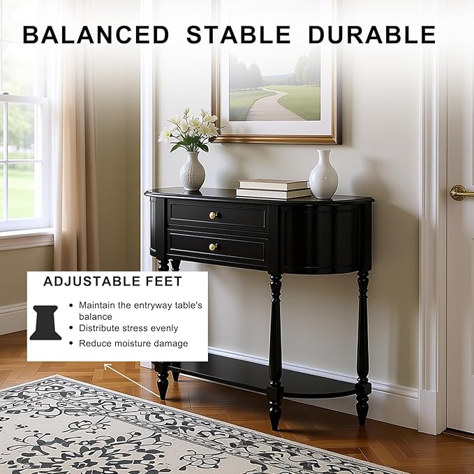 Black Entryway Table Narrow, Half Moon Console Table with Two Drawers, Solid Wood Mid Century Modern Console Table with Adjustable Legs for Living Room, Foyer, or Hallway