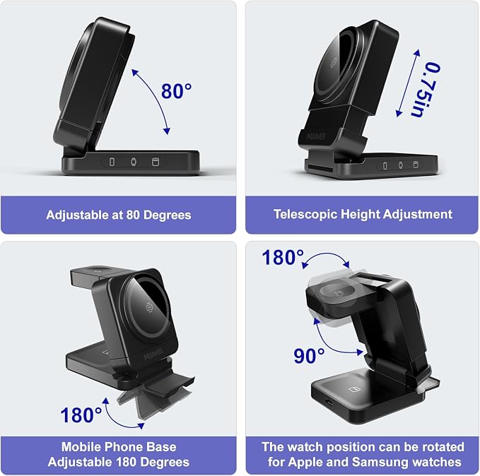 Foldable Wireless Charging Station Black with 30W Adapter | Portable Magnetic Travel Charging Stand for iPhone &amp Samsung Apple Watch &amp Galaxy Watch AirPods &amp Galaxy Buds