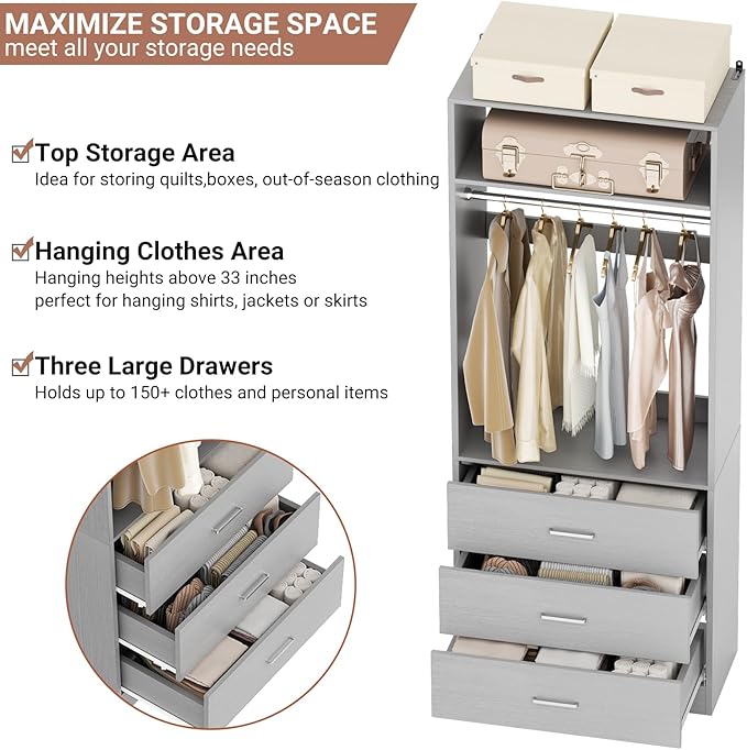 Besiost Closet System Set of 2, 4FT Closet Systems with 6 Wood Drawers, 48" Closet Organizer System with 2 Hanging Rods & 2 Shelves, Heavy Duty 48 Inch Walk-in Closet, Grey (48"L x 15" W x 80" H)