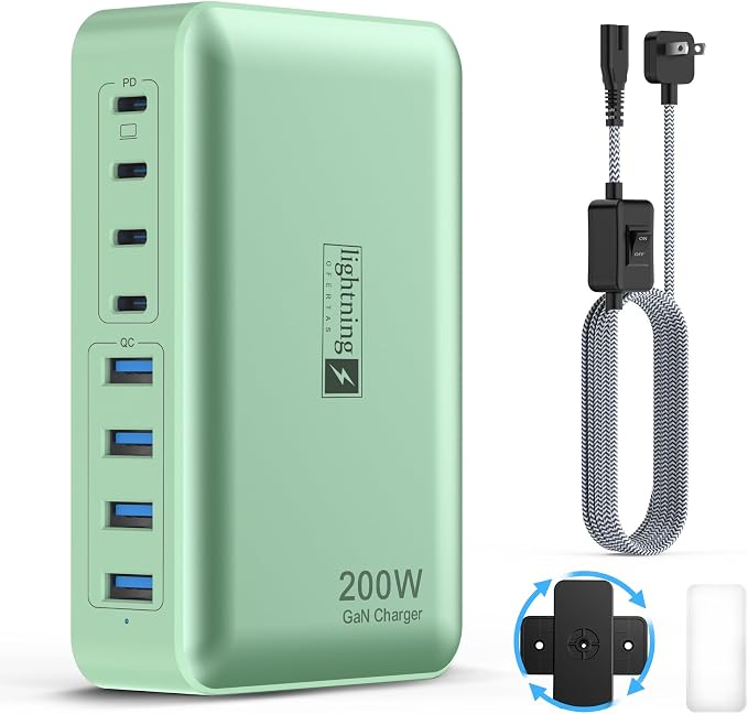 8-Port Multi Charging Stations 200W with Flat Plug Braided Power Cord and On/Off Switch- USB Charging Hub for iPhone iPad MacBook and More- 65W C Port Power Adapter for Laptops