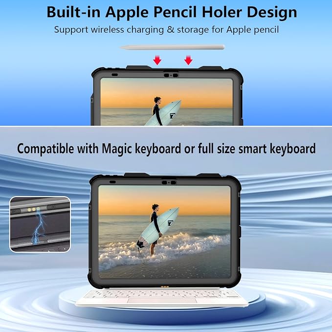 10.2 Waterproof Case Compatible with iPad 9th 8th 7th Generation 2021/2020/2019 Built-in Screen Protector with Strap Stand Pencil Holder Full Body Heavy Duty Protective Shockproof