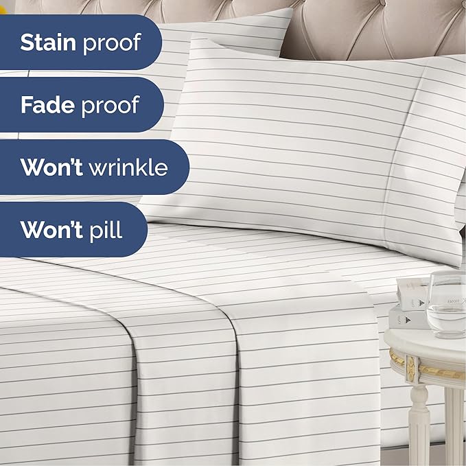 Striped Sheets - Beige & White Striped Sheets - 1 Flat & 1 Fitted & 2 Pillowcases w/ Deep Pockets – Wrinkle & Fade Free - Soft, Breathable and Cooling – Luxury Pinstripe Bedding - Full Size Bed Set
