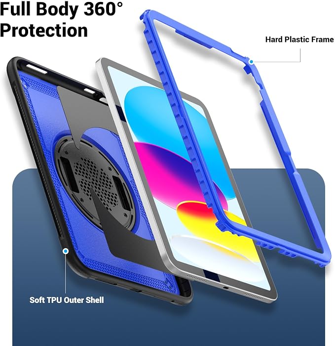 Case for iPad (A16) 11th Generation 11 inch 2025 Lightweight Rugged Dual-Material Design 360° Rotating Adjustable Leather Hand Strap Foldable Kickstand Durable with Full ProtectionBlue