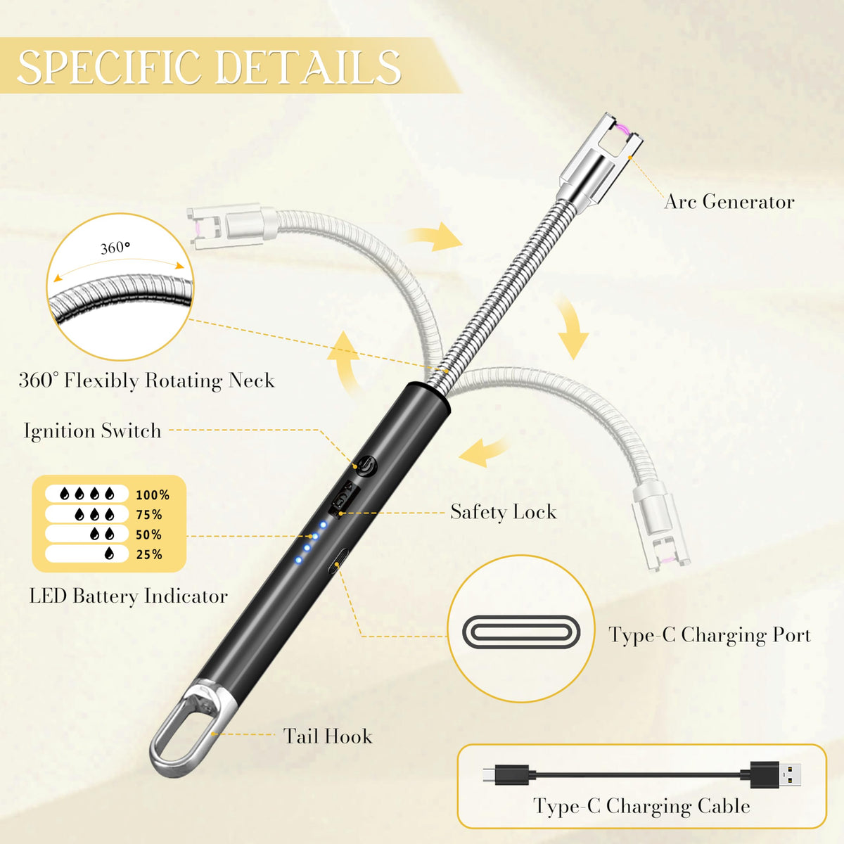 Electric Lighter, Candle Lighter Flameless Windproof with 360° Flexible Neck & LED Power Display, Type C Arc Rechargeable Lighters for BBQ, Camping, Cooking, Gift for Christmas, Thanksgiving, Birthday