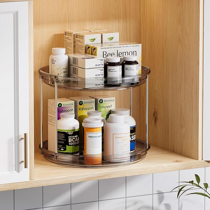 LAMU 2 Pack 2 Tier Lazy Susan Turntable Organizer 10.6'' Rotating Spice Rack Organization for Cabinet, Kitchen, Pantry, Countertop, Bathroom, Vanity, Medicine Cabinet Organizer, Grey