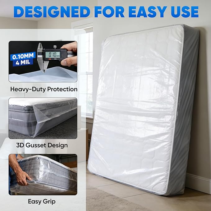 TICONN 2PK Plastic Mattress Bag for Moving Storage, Waterproof Mattress Protector Cover, Heavy-Duty Mattress Moving Supplies (4 mil, Full)