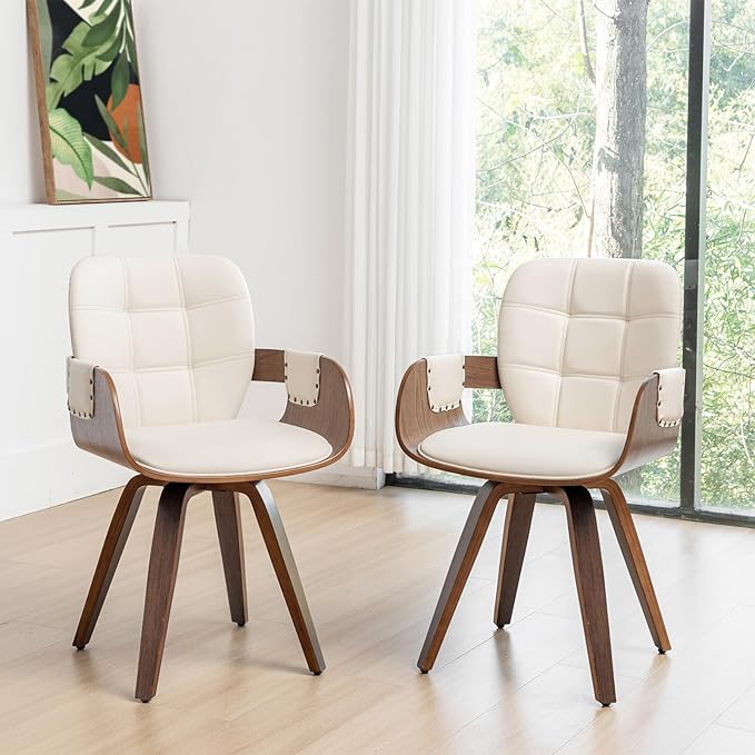 Set of 2 Swivel Dining Chairs - Mid Century Modern Dining Chairs with Arms and Curved Back, Faux Leather Bentwood, Versatile for Living Room/Reception/Conference Room/Kitchen/Desk (Walnut Beige)