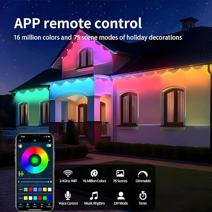 Permanent Outdoor Light,100ft with 72 LED Eaves Lights,Smart RGB Outdoor Lights with 75 Scene Modes,IP67 Waterproof,for Halloween Decorations,Christmas,Party,with App and Remote