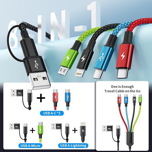 4 in 1 Multi Charging Cable 2 Pack 6FT Charging Cords for Devices | Nylon Braided USB C Car Charger Cable with Dual USB-C IP &amp Micro Ports Long Travel Charging Cord for Cars