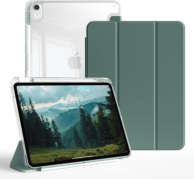 Case for iPad Air 11 Inch M4/M3/M2 Air 5th/4th Gen 10.9 Black | Pencil Holder Slim Trifold Stand Cover Clear Hard Back Shell Auto Sleep/Wake