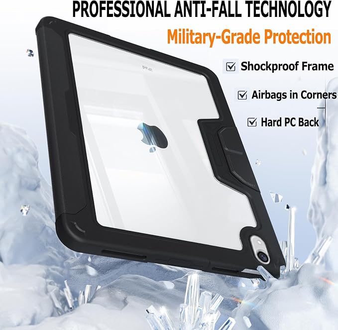 Military Grade Case for iPad (A16) 11 2025 10th Gen 10.9 2022 Black | Pencil Holder Auto Sleep/Wake Multi Angle Magnetic Stand Hard Clear Acrylic Back Shockproof Protective Cover