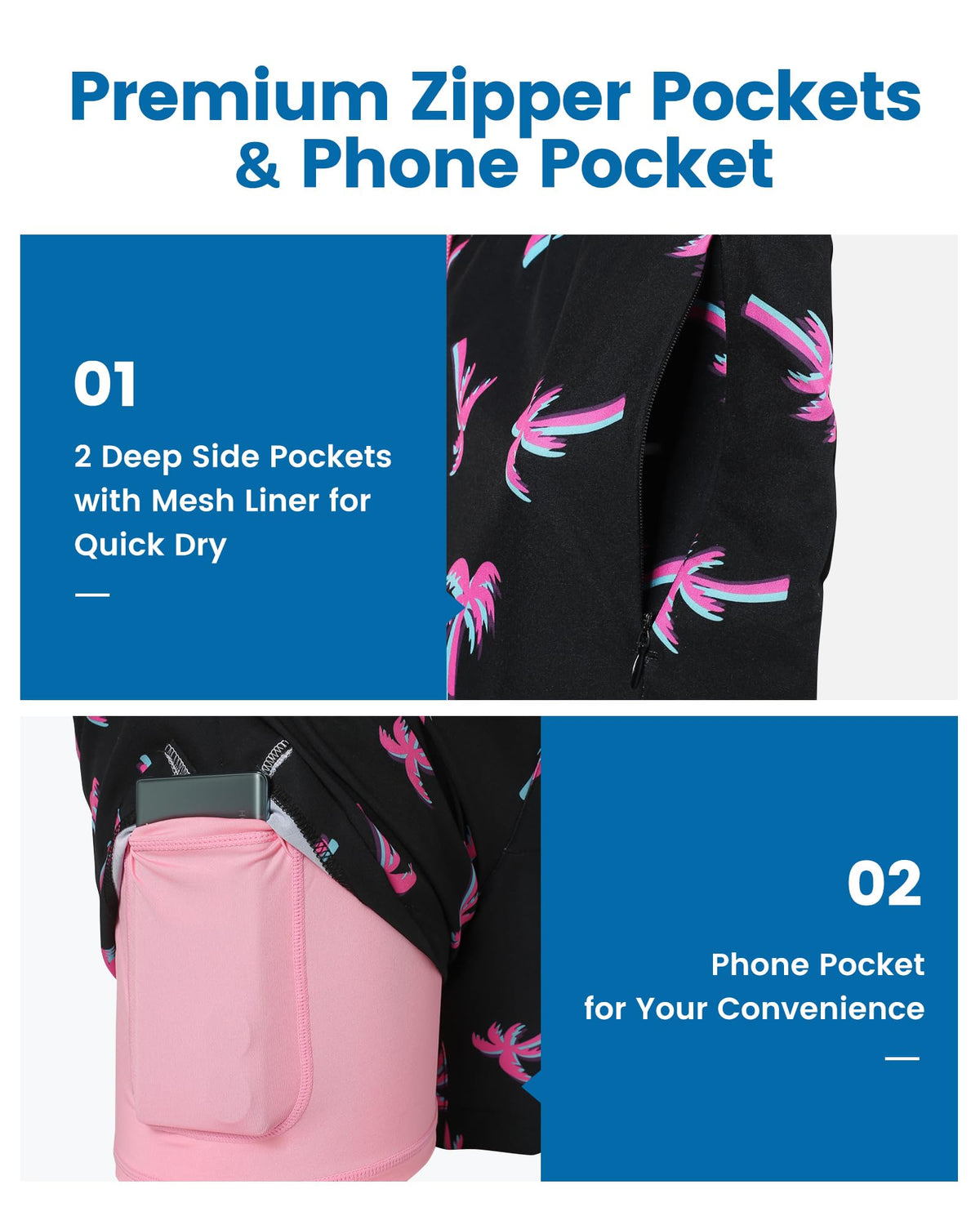 maamgic Mens Swim Trunks with Compression Liner 5 Inch, Quick Dry Bathing Suit with Zipper Pockets, Stretch No-Chafing Swim Shorts, Pink-Black Coconut Tree X-Large