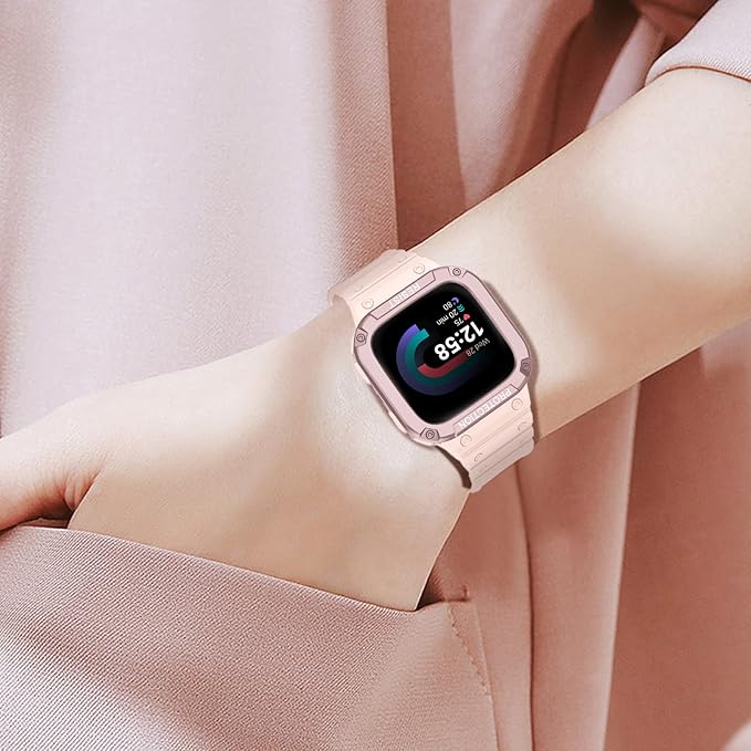 FINTIE Bands with Case Compatible with Fitbit Versa 4/3/2/1/Versa Lite/Fitbit Sense 2/Sense, Protective Case Strap Rugged Sport Band Men, Pink Sand
