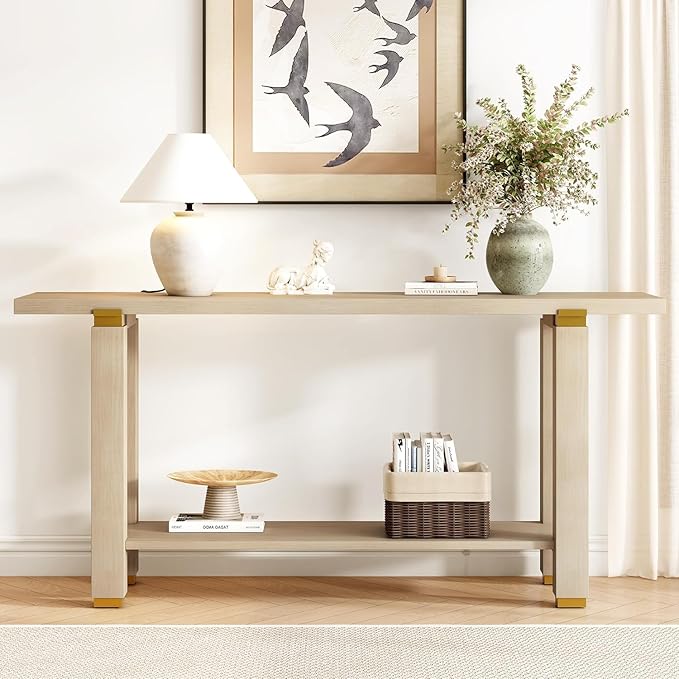 63" Modern Minimalist Console Table with Storage Shelf, Solid Wood Industrial Entryway Sofa Table with Metal Accents for Living Room, Hallway (Natural)