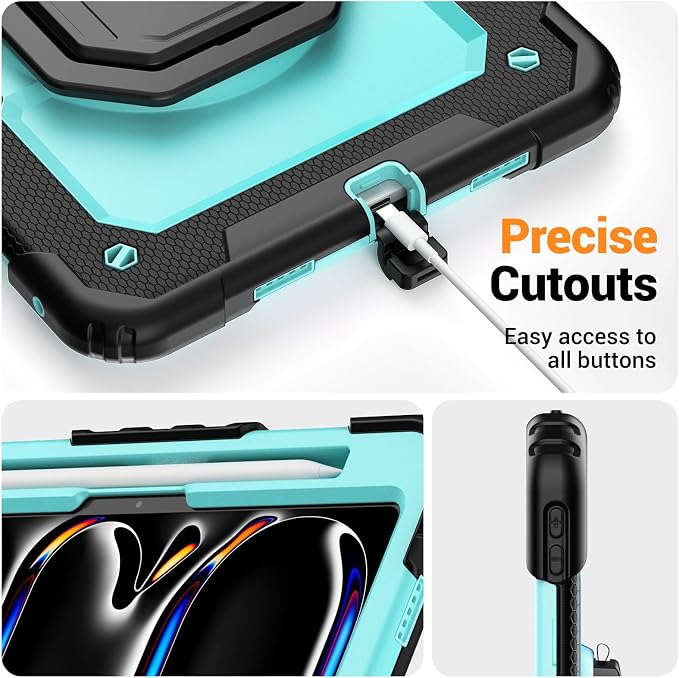 for iPad Pro 11 inch Protective Case M5 2025/M4 2024: Heavy Duty Shockproof Case with Pencil Holder - 360°Rotating Handle/Stand - Screen Protector - Shoulder Strap Black/Sky Blue