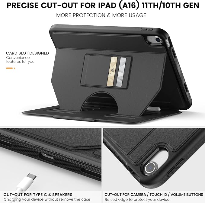 Case for iPad (A16) 11th/10th Generation 11''/10.9'' 2025/2022: Shockproof Protective Case with Hand/Shoulder Strap Pencil Holder Rotate Stand Screen Protector Black