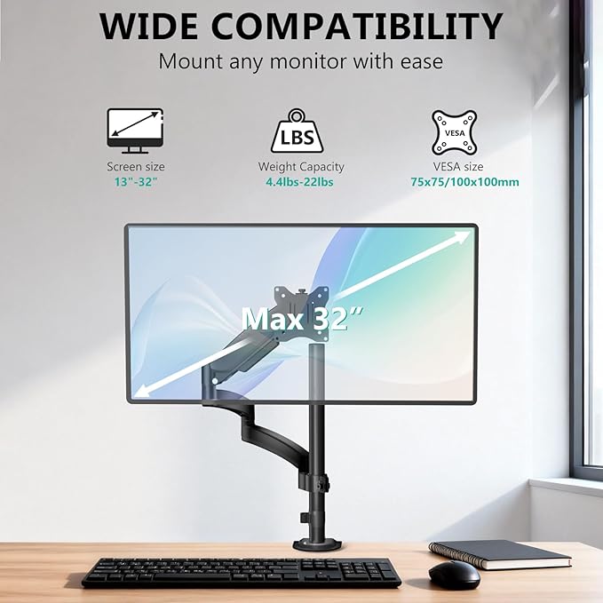 WALI Single Long Monitor Arm - up to 32 inch Computer Monitor Arm Desk Mount, Hold up to 19.8lbs, Extra Long Adjustable Stand, Full Motion Tall Arm, VESA 75/100mm, (GSDM001L)