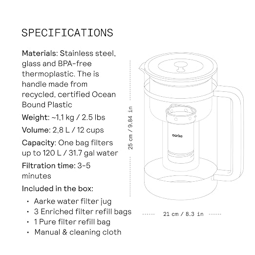 Aarke Purifier Large 1.66L Glass Pitcher Bundle w/Steel Filter, 3 Enriched + 1