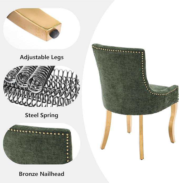 Luxury Fabirc Upholstered Dining Chairs Set of 4,Neutral Chenille Kitchen Room Chair with Nailhead Trim,4 Piece Modern Side Chairs for Dining Room,Living Room,Bar (Olive Green-Gold, Set of 4)