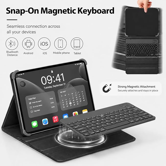 for Hasskya K80 / ACER ICONIA M10-11-K21V Tablet Case with Detachable Magnetic Keyboard Fits 9-11 Inch Tablets TPU Protection Premium PU Leather Type-C Charging (Black)