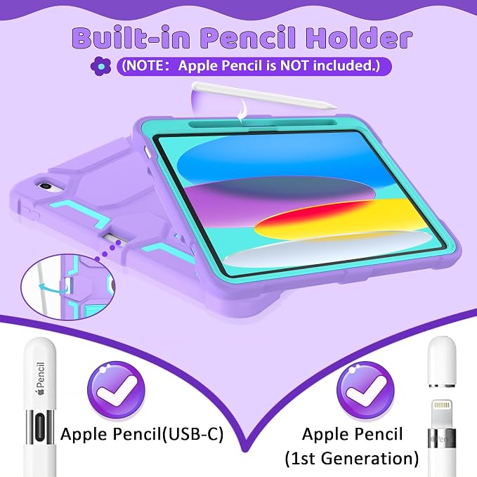 Case for iPad 11 11th Gen (A16) 2025 &amp 10th Gen 2022 10.9 Purple+Green | Kickstand | With Pencil Holder | Drop-Proof Silicone+Hard Shell | Raised Edge Protects Screen&ampCamera | Heavy Duty Pr