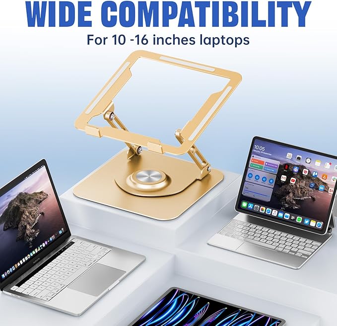 Laptop Stand for Desk, Adjustable Computer Stand with 360° Rotating Base, Ergonomic Laptop Riser for Collaborative Work, Foldable & Portable Laptop Stand, fits for All 10-16" Laptops (Gold)
