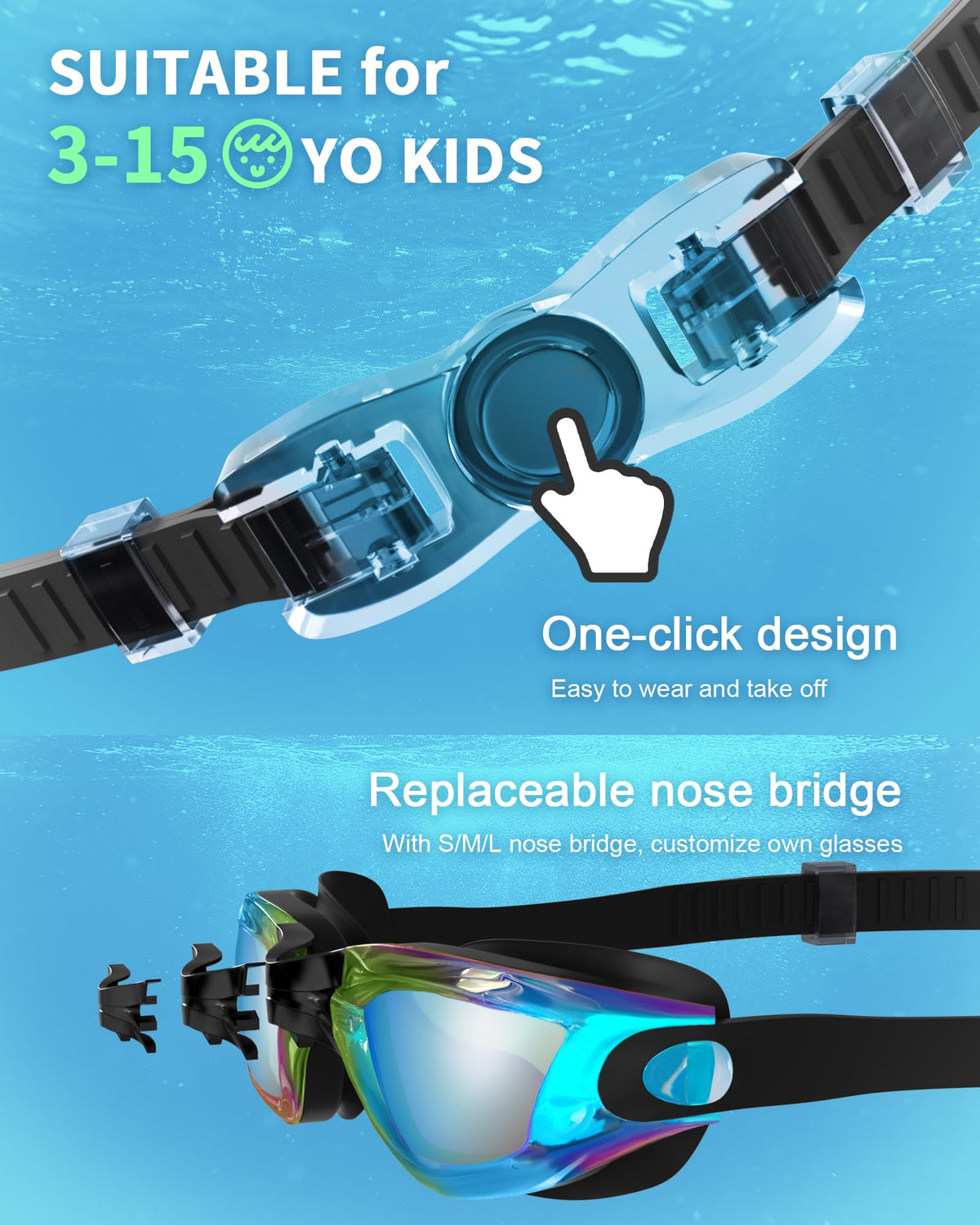 Hurdilen Kids Swim Goggles, Swimming Goggles for Kids with Nose Clip, Earplugs, Nose Bridge for Age 3-15