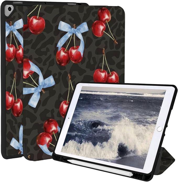 Case for iPad 9th/ 8th/ 7th Generation Case 10.2&amp10.5 Inch (2021/2020/2019 Release) Slim Lightweight Soft Trifold Back Cover with Pencil Holder &amp Auto Sleep/Wake Cover Cherries Cheetah Bows