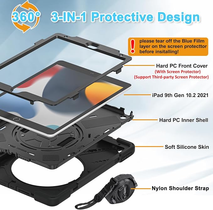 BRAECNstock Shockproof Case for iPad 9th/8th/7th Gen 10.2 Blue | All-in-1 Case Hand Strap &amp Stand Shoulder Straps Pencil Holder Screen Protector – For Office Commute &amp Presentation