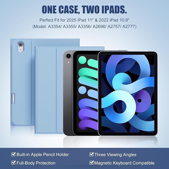Case for iPad (A16) 11th Generation 11 Inch 2025/iPad 10th Generation 10.9 Inch 2022｜Built-in Pencil Slot · Slim Trifold Stand · Full Protection｜Sky Blue