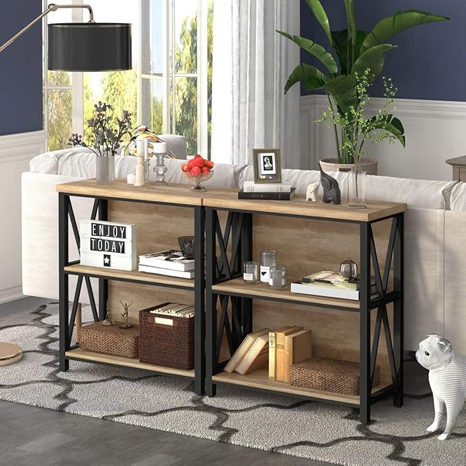 FATORRI Small Bookcase, Wood and Metal Low Short Bookshelf, Industrial Book Case and Rustic Book Shelf for Small Space (Rustic Oak)
