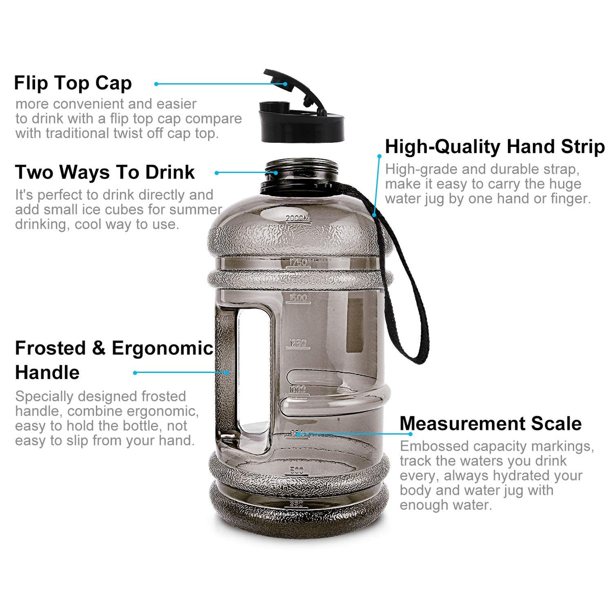RICWINANN Water Jug 2.2L Large Sport Water Bottle Big Capacity Leakproof Container BPA Free Plastic with Carrying Loop Fitness for Camping Training Bicycle Hiking Gym Outdoor (Black)