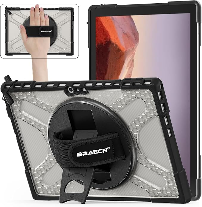 BRAECNstock Case for Microsoft Surface Pro 7+ Plus/7/6/5/4 12.3 - Black | Shockproof Case with 360° StandHand Strap &amp Pencil Holder | Type Cover keyboard CompatibleBusiness Friendly