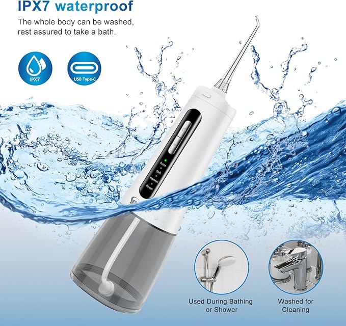 JNGOODS Cordless Water Dental Flosser Oral irrigator,JNGOODS 300ml Rechargeable Water flosser for Teeth IPX7 Waterproof 4 Modes Portable Oral Irrigator with 4 Jet Tips, Travel Home use (White)