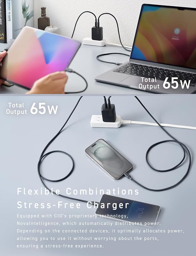 CIO NovaPort Duo II 67W2C Dual USB-C GaN Fast Charge Block (Black) | Compact 2-port fast charging wall adapter 67W max output for laptop phone and tablet