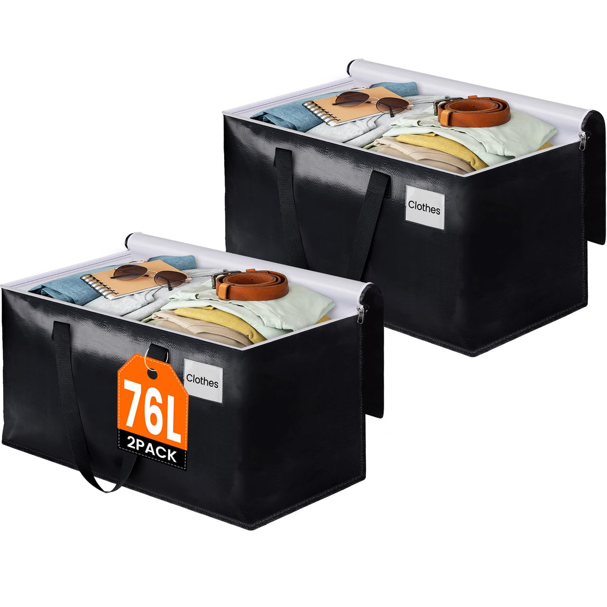 BlissTotes Moving Bags, Heavy Duty Moving Boxes with Zippers Top and Sturdy Handles, Storage Bags for Space Saving and Packing, Collapsible Moving Supplies, Storage Totes (76L, 2-Pack, Black)
