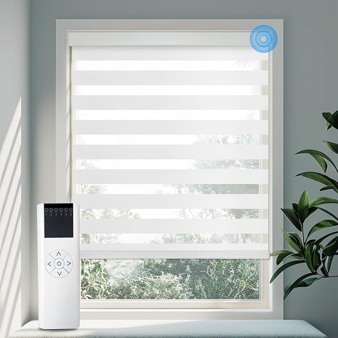 COOLWINDS Motorized Zebra Blinds for Windows Cordless Electric Curtains with Remote Control Blackout Shades Custom Smart Blinds Compatible with Alexa Google Home(Light Filtering White,W44 X 72in)