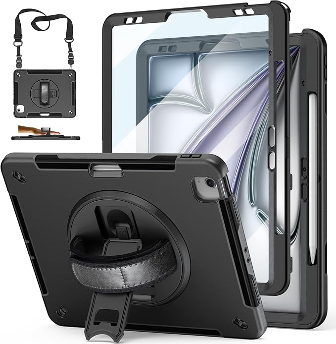 Case for iPad Air 13 Inch M3 2025 & M2 2024: Military Grade Cover for iPad Pro 12.9 6th/5th/4th/3rd Generation W/Screen Protector- Stand- Pencil Holder- Handle- Shoulder Strap- Black