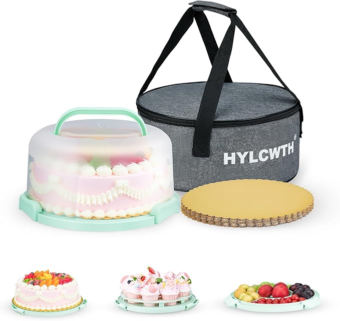 HYLCWTH Cake Carrier With Lid And Handle, Bpa-Free Cake Holder With Lid For 10 Inch Round Cake Carrier With 10 pcs Round Golden Cake Boards And Portable Insulated Bag（White）
