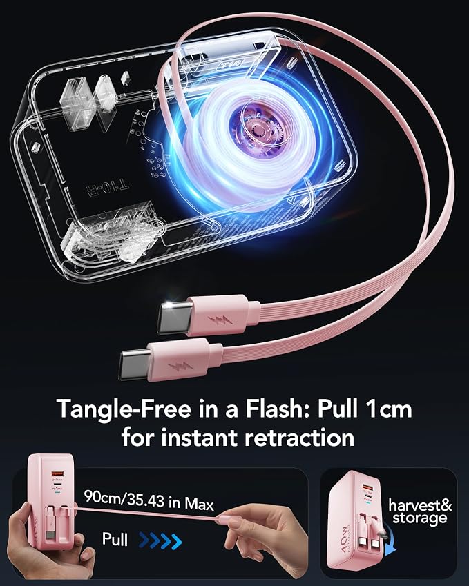 4-in-1 Retractable USB C Wall Charger40W Fast Charging for Multi-Device | Retractable ChargerFoldable PlugExtra USBC &amp A PortsDual 35.5in CablesMultiple Devices Charger for iPhone/Galaxy/Pixe