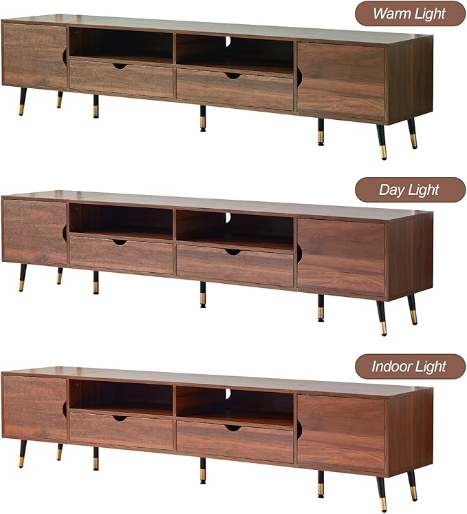 siu want Mid-Century Modern TV Stand for TVs up to 85 Inch, 78.7'' Walnut Wood Media Console with Drawers & Open Storage, Solid Wood Legs, Low Profile Entertainment Center for Living Room