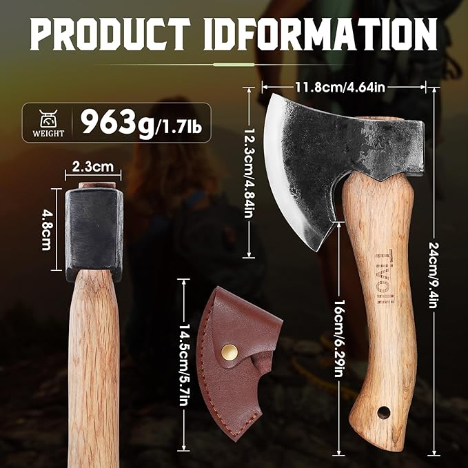 Tivoli 9-inch Small Hatchet Axe for Camping, Small Wood Hatchet Hand Axe, Hand Forged Carbon Steel Short Camp Axe for Chopping Wood, Ash Wood Handle, Retro Sheath