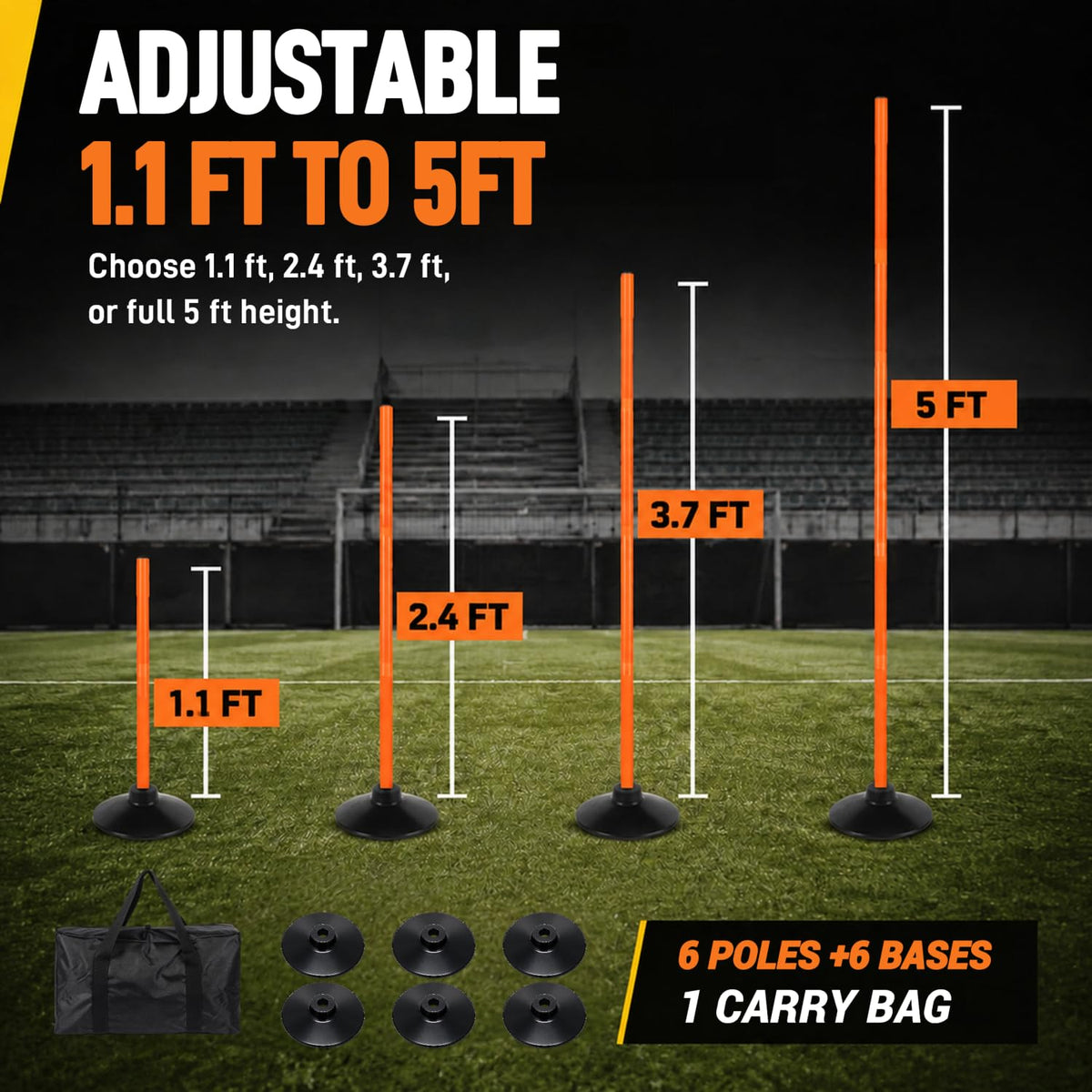 6 Pcs 5FT Adjustable Agility Training Poles, Rubber Bases and Bag