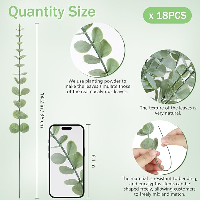 18pcs Eucalyptus Stems Greenery Stems Fake Leaves Artificial Flowers Bouquet Faux Branches Centerpiece Flores Plants for Home Party Decor Wedding Decoration