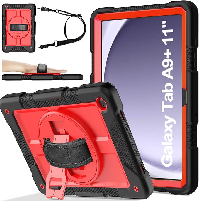 BMOUO for Samsung Galaxy Tab A9+ Plus Case 11 2023 (SM-X210/X216/X218) Shockproof Galaxy Tab A9 Plus Case with Rotating Stand and Hand/Shoulder Strap Black